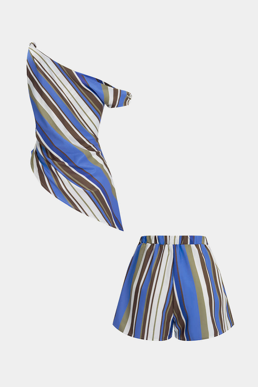 Gestreifter Ein-Schulter-Twist-Knoten-Tanktop und Shorts-Set