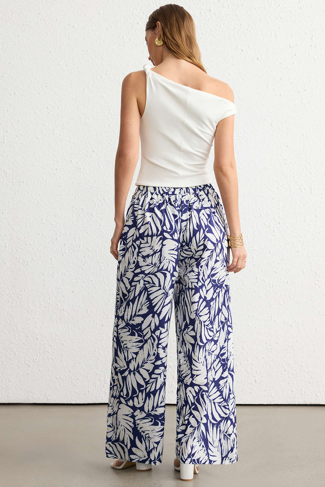 Leaves Print Shirred Waistband Wide Leg Pants