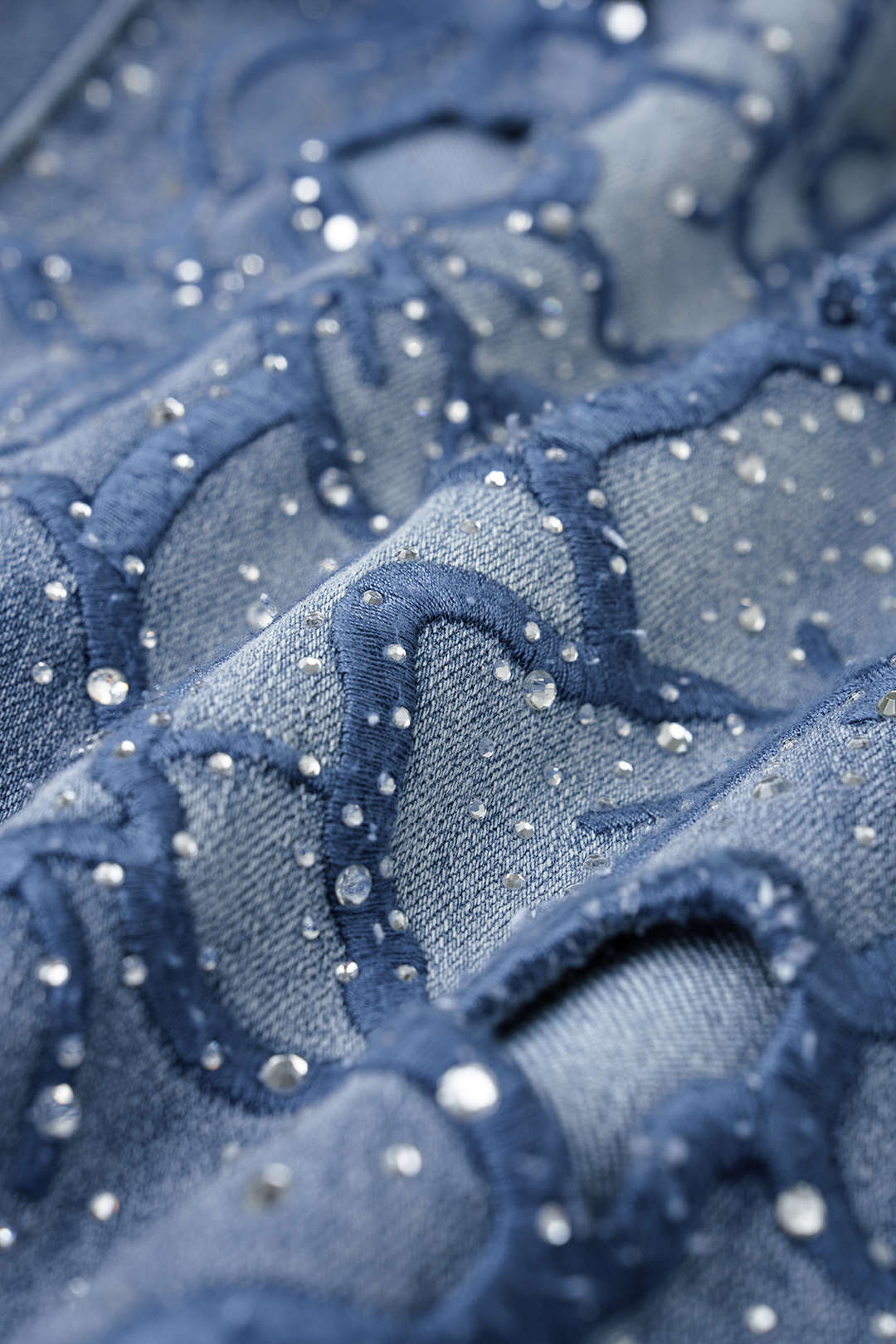 Denim Embroidery Rhinestone Cut Out Wide Leg Jeans