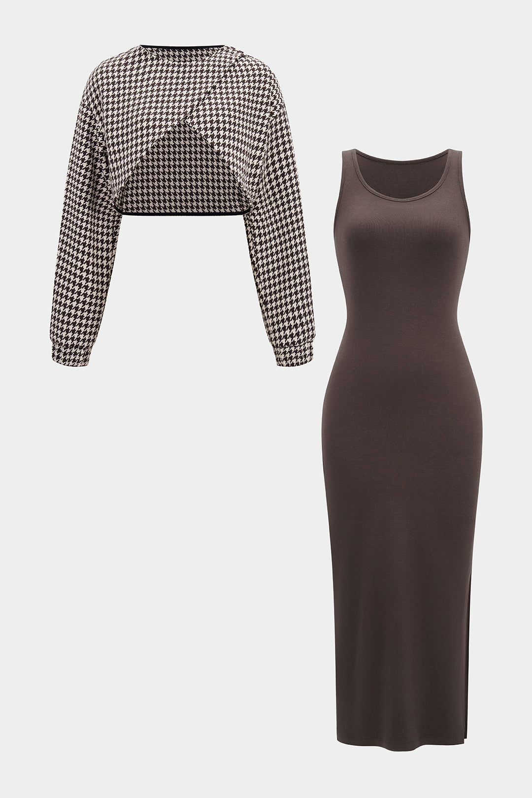 Asymmetrisches Langarmshirt und ärmelloses Bodycon-Kleid-Set