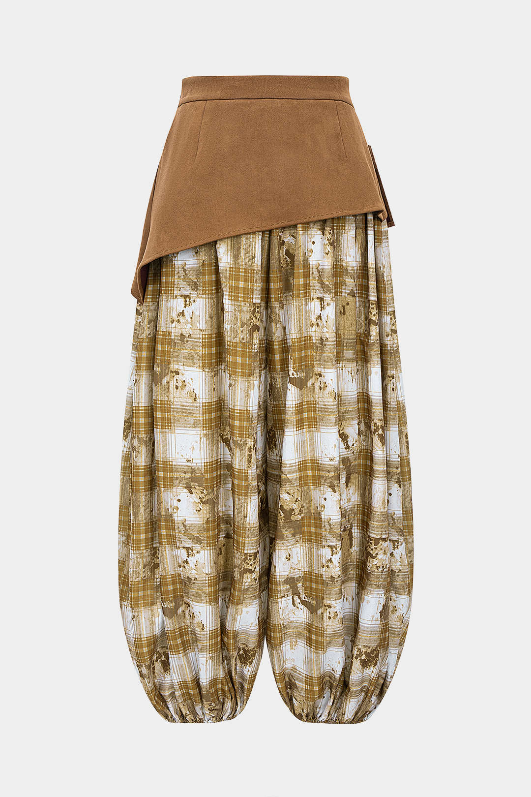 Plaid Print Shirred Waistband Patchwork Button Asymmetrical Lantern Trousers