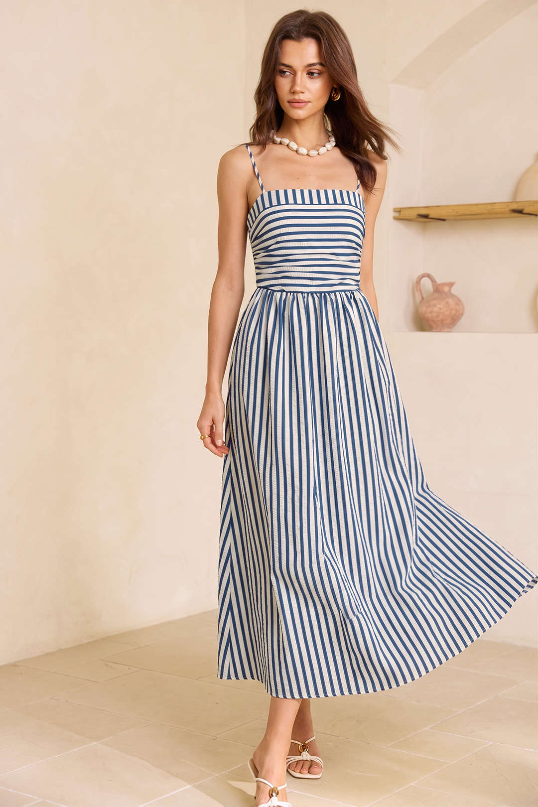 Stripes Print Slip Strapless Sleeveless Maxi Dress