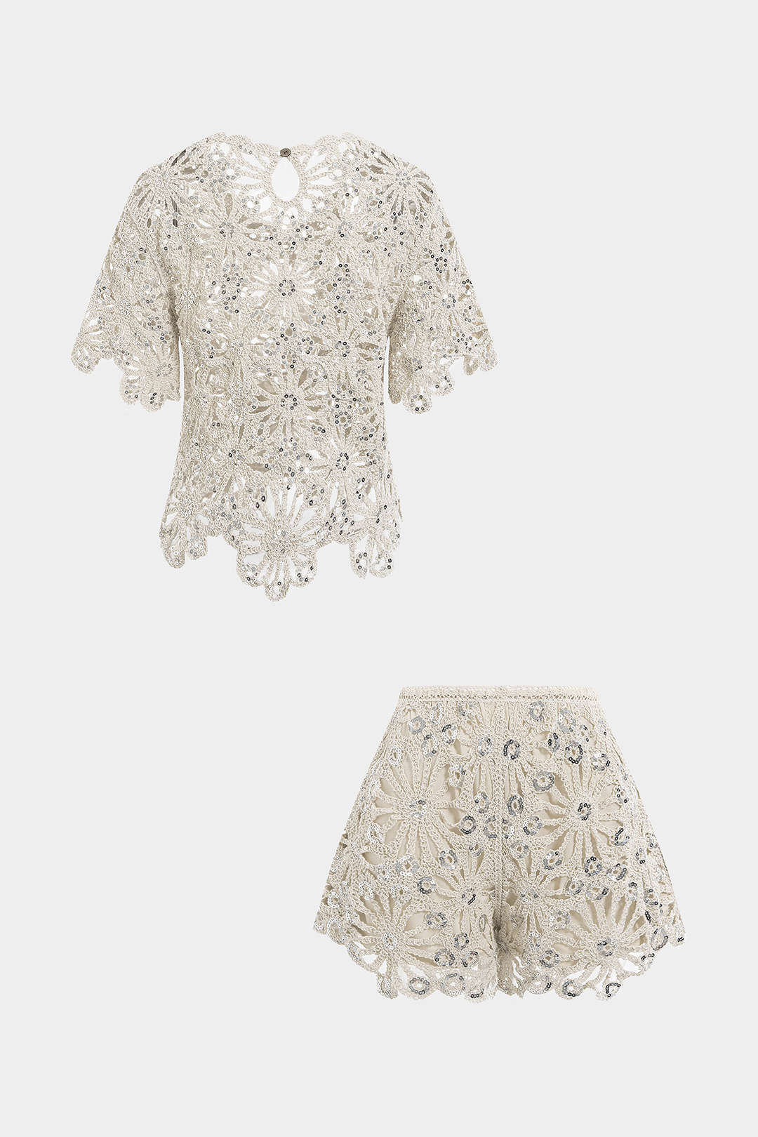 Ensemble Haut Manches Courtes Col Rond Brodé Paillettes Et Short Large