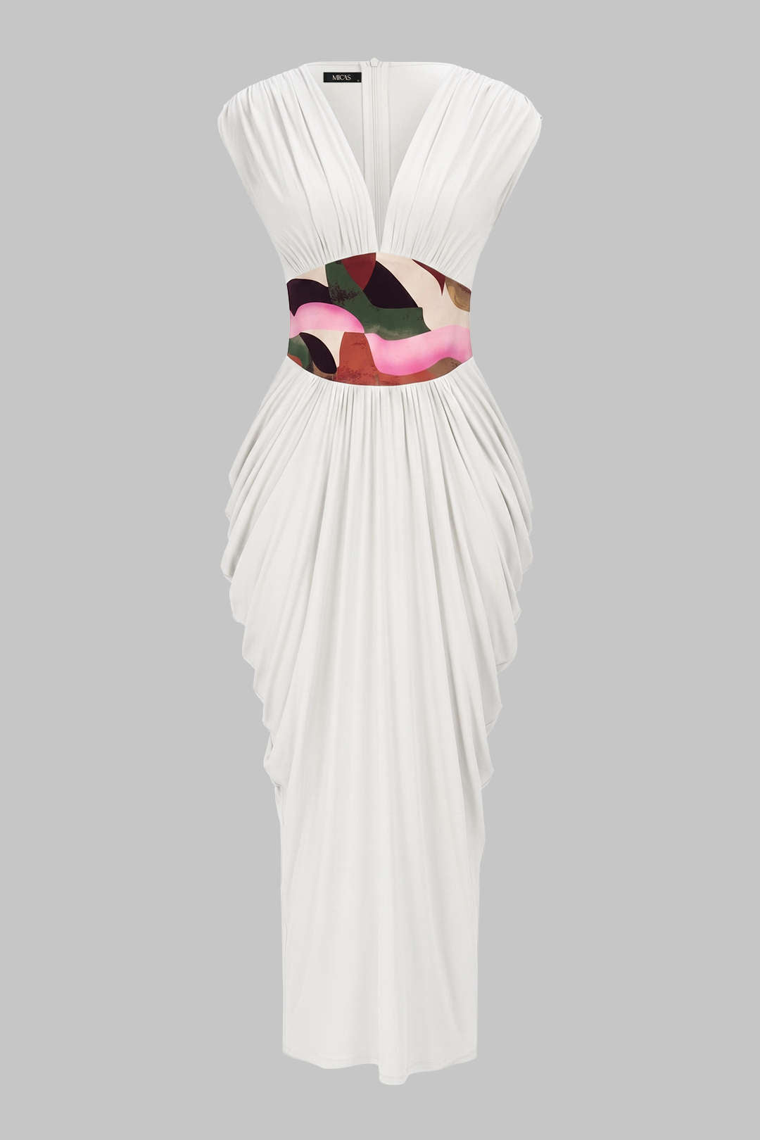 Robe longue sans manches à col en V zippé froncé et imprimé abstrait
