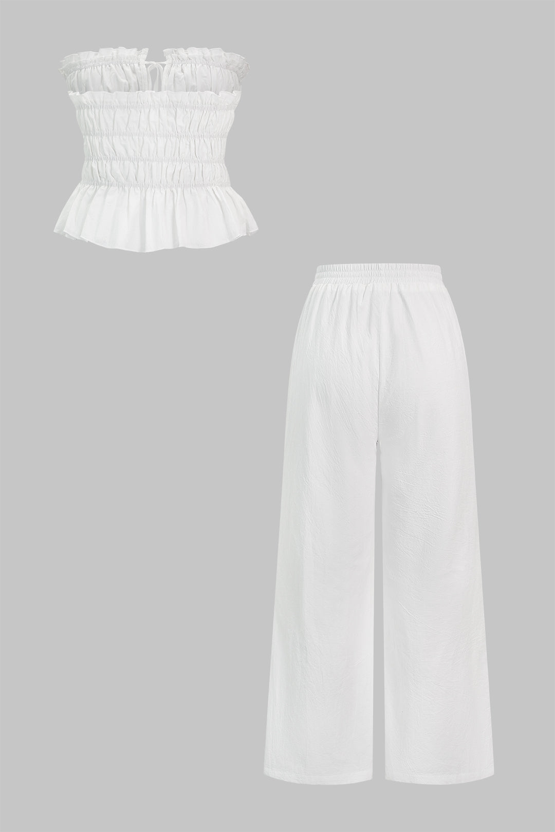 Gerafftes schulterfreies Oberteil und weite Hose Set