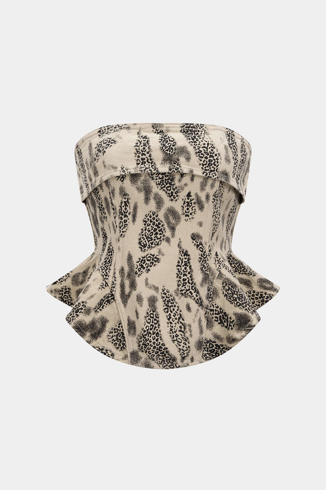 Trägerloses Tube-Top aus Denim mit Leopardenmuster und Reißverschluss
