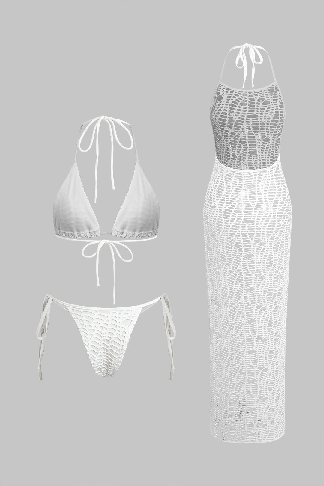Strukturiertes Neckholder-Bikini-Set mit offen gestricktem Überwurf