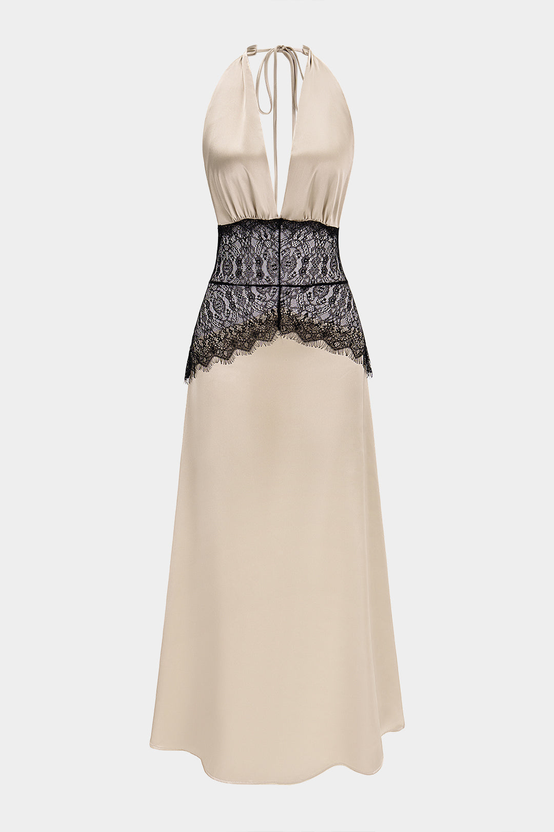 Satin Patchwork Lace Halter V-Neck Backless Maxi Dress