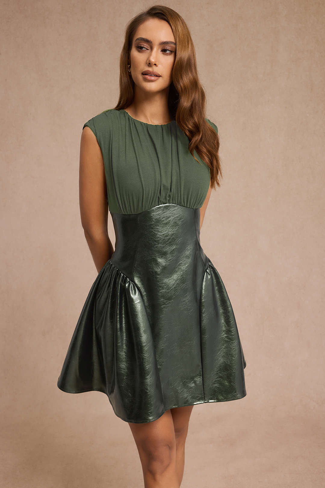 Faux Leather Patchwork Ruched Sleeveless Mini Dress