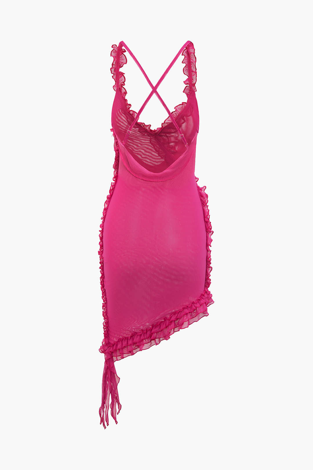 Mini-Kleid mit transparentem Netzstoff, Rüschensaum, asymmetrischem Schnitt und überkreuztem Rückenausschnitt