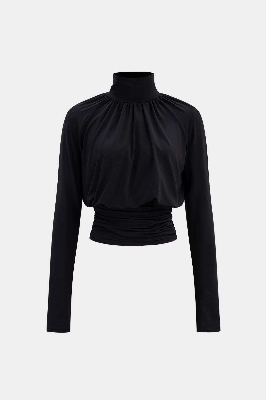 Basic Faux Leather High Collar Wrinkled Long Sleeve T-Shirt