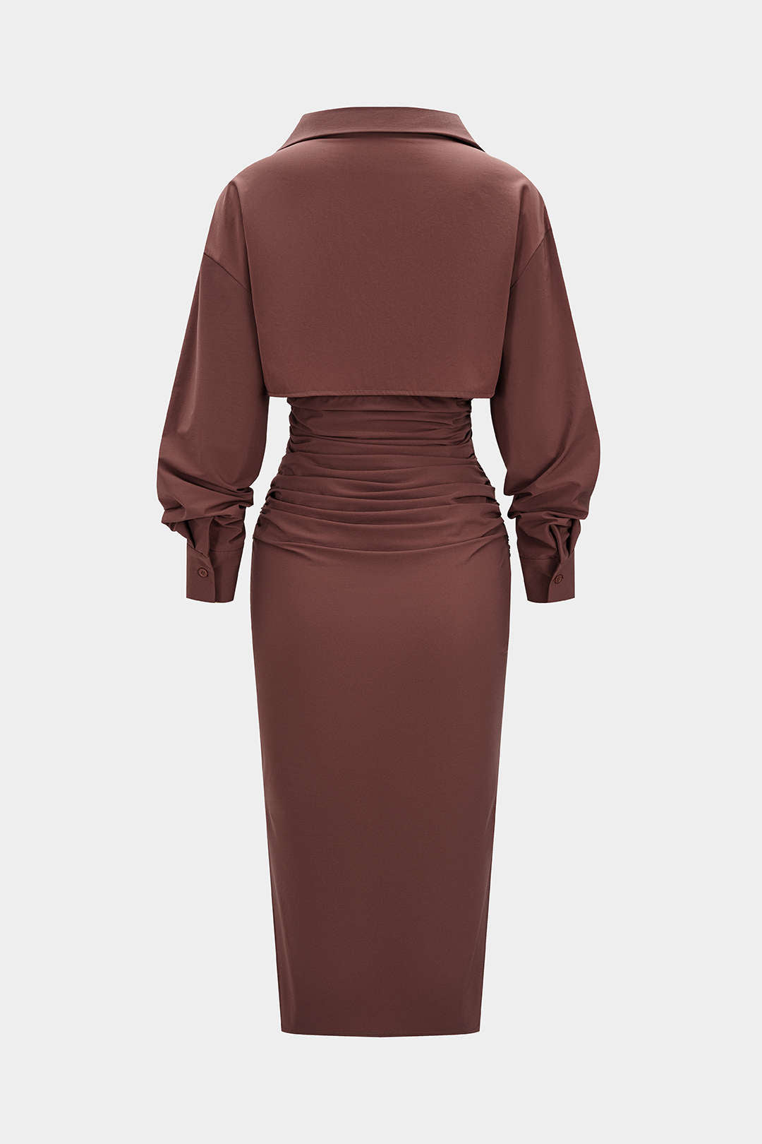 Einfarbiges gerafftes Langarm-Midikleid