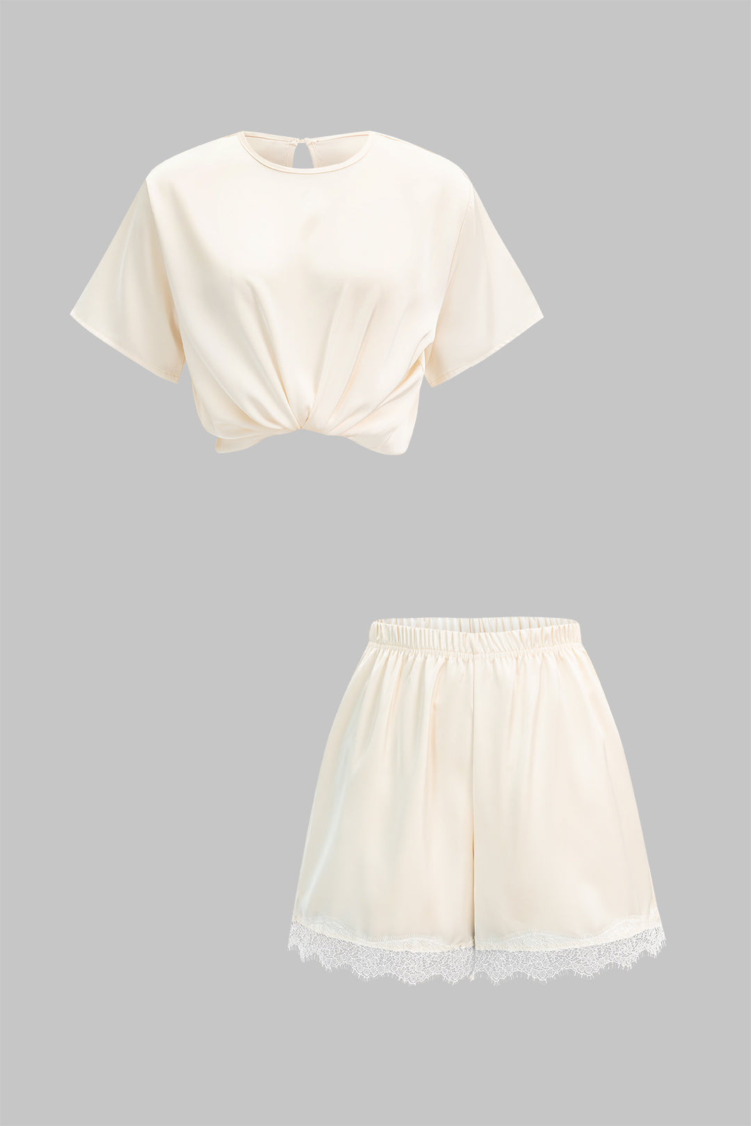 Satin-Rundhals-Kurzarm-T-Shirt und Patchwork-Spitzen-Shorts-Set