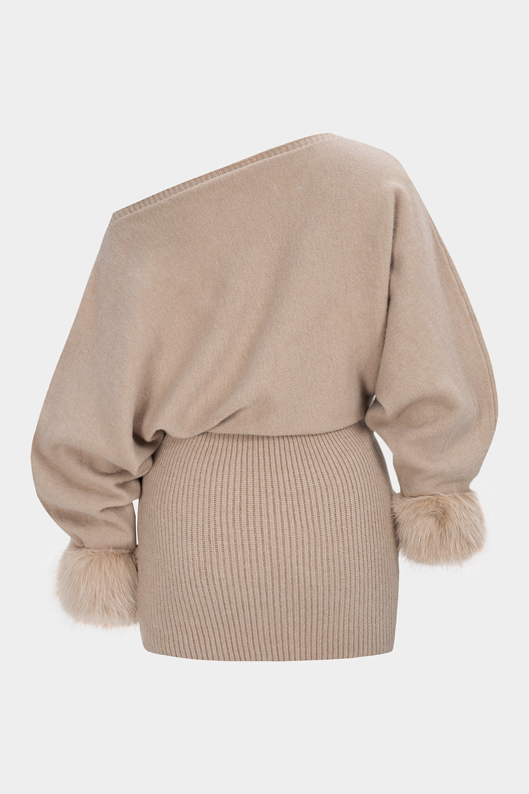 Gestricktes Patchwork-Faux-Fur One-Shoulder-Minikleid mit langen Ärmeln