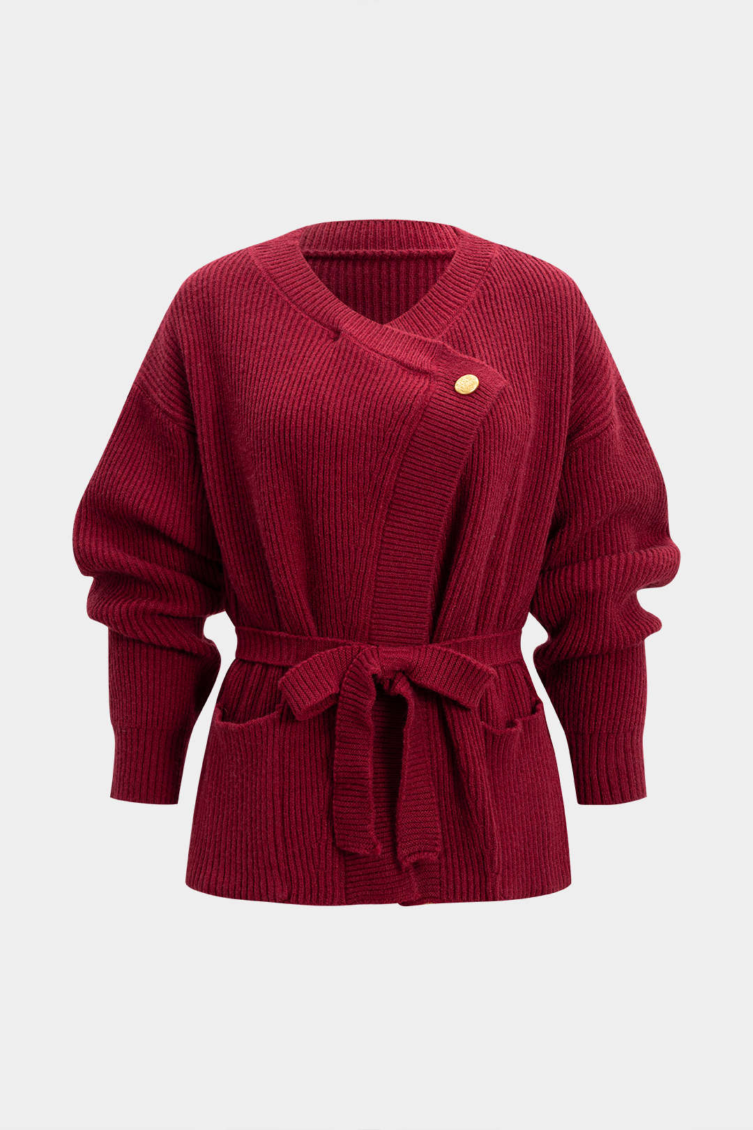 Strickjacke mit Metallic-Knöpfen, asymmetrischem Bindegürtel und Taschen