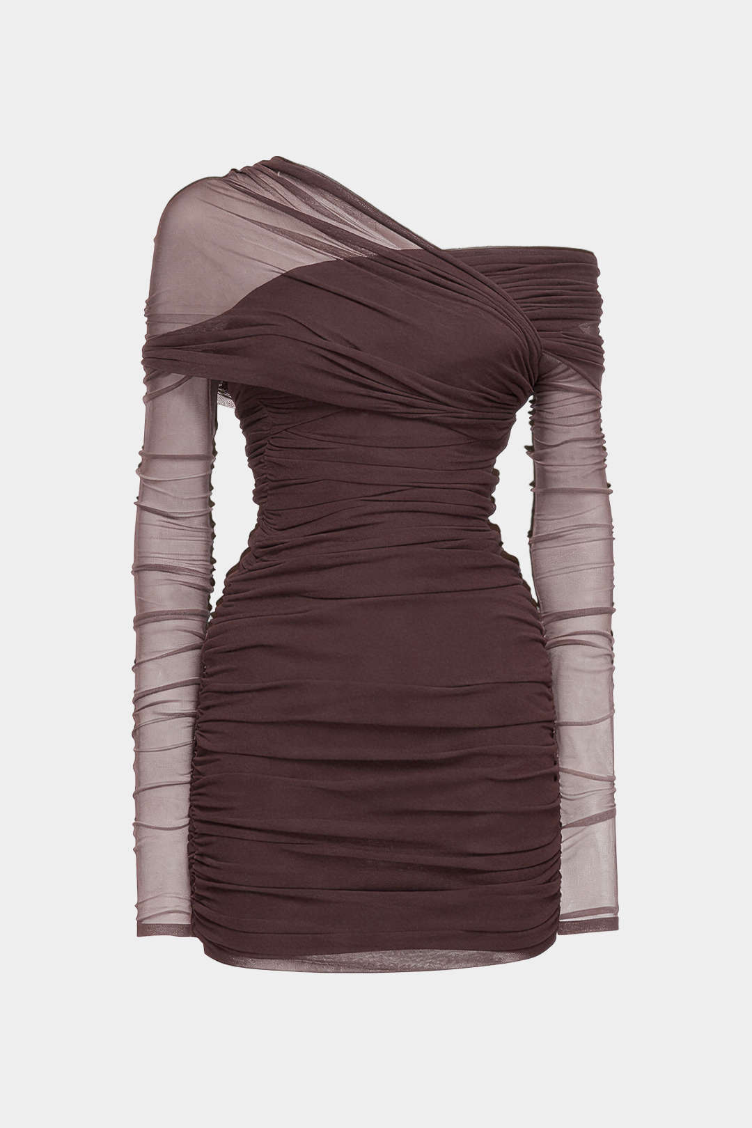 Transparenter Mesh-Minikleid mit One-Shoulder-Träger, langen Ärmeln und Raffung