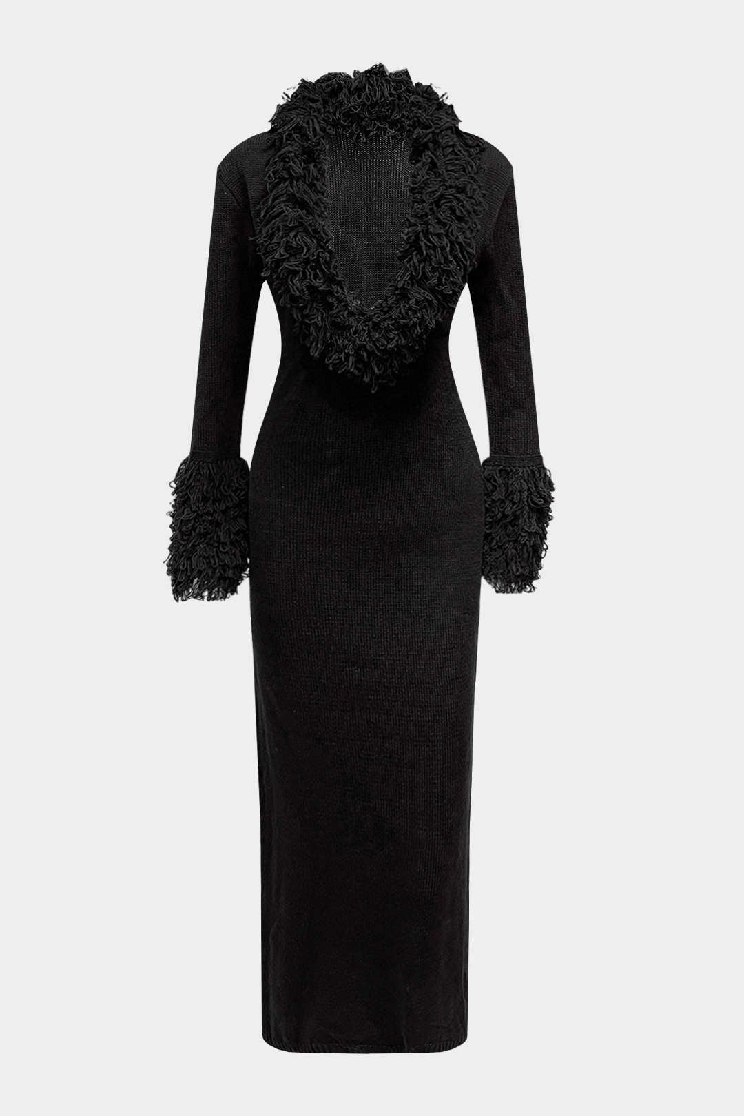 Knit Fringe Trim Deep V-Neck Long Sleeve Maxi Dress