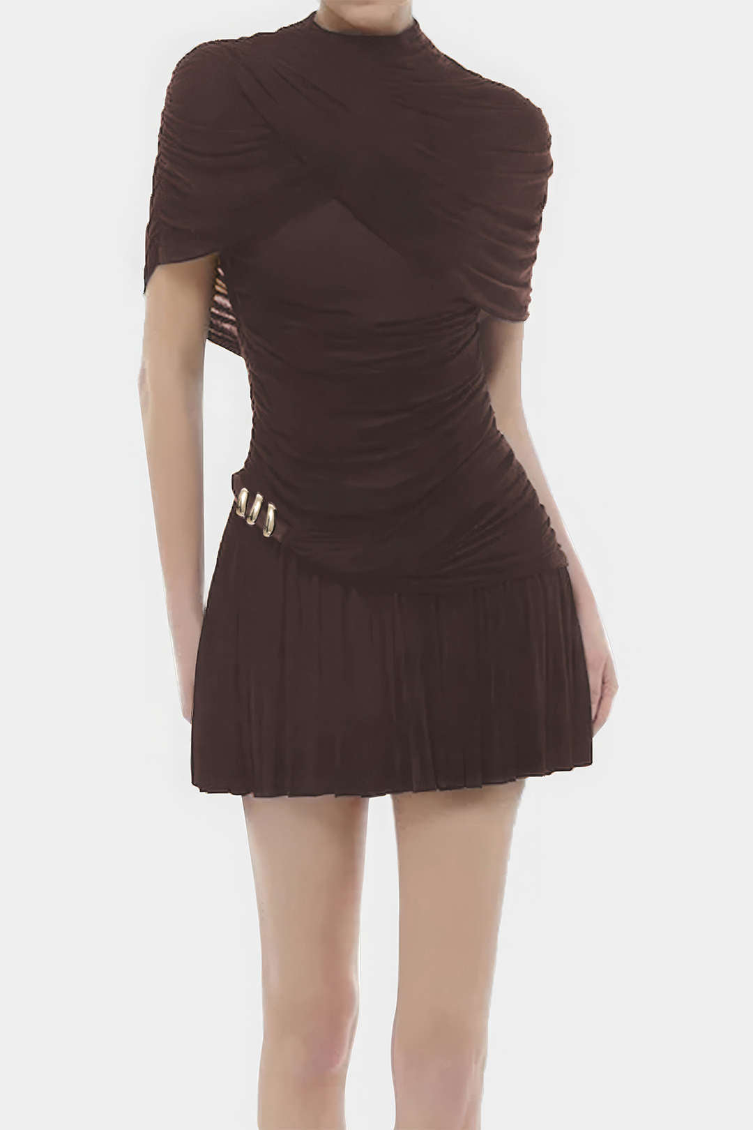 Gerüschtes asymmetrisches Minikleid mit kurzen Ärmeln