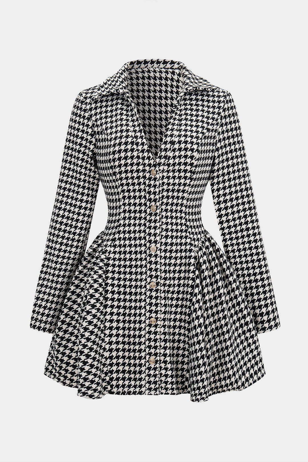 Kleid mit Hahnentrittmuster, Knopfleiste, Raffungen, V-Ausschnitt und langen Ärmeln