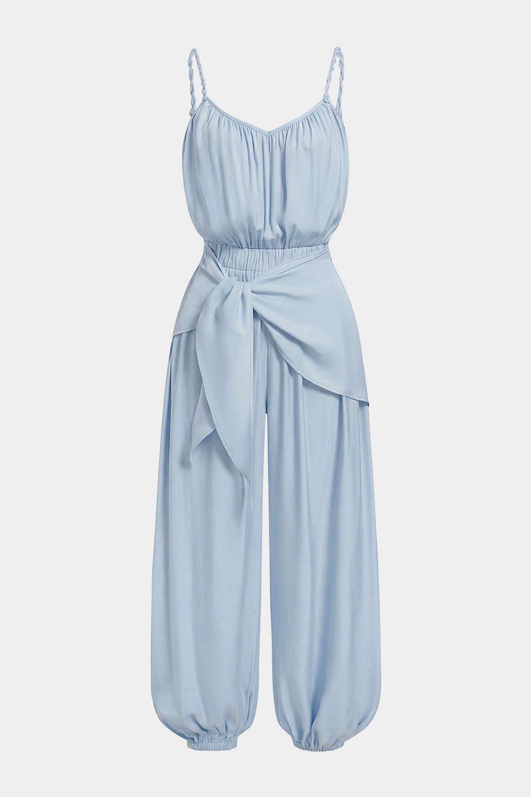 Ärmelloser Jumpsuit mit V-Ausschnitt, Knoten, Raffungen und Drehdetails