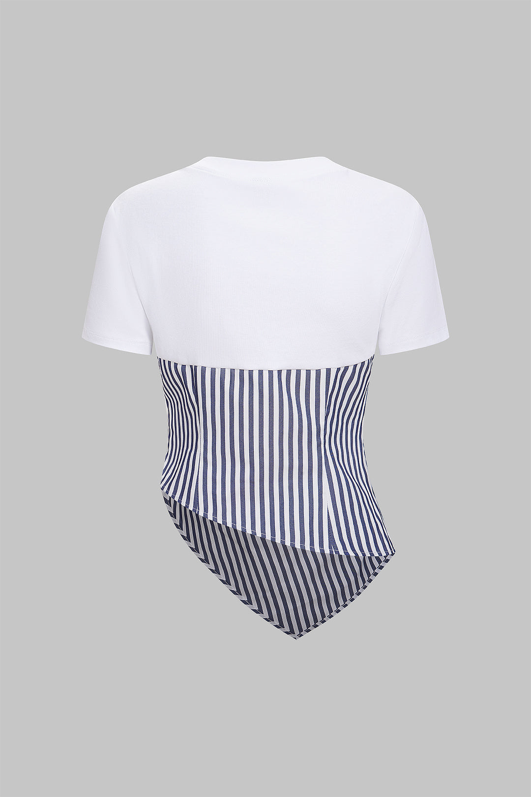 Stripes Print Round Neck Asymmetrical Ruched Short Sleeve T-Shirt