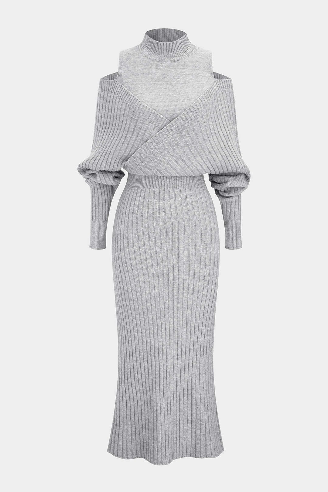 Knit Mock Neck Cut Out Ribbed Long Sleeve Maxi Dress