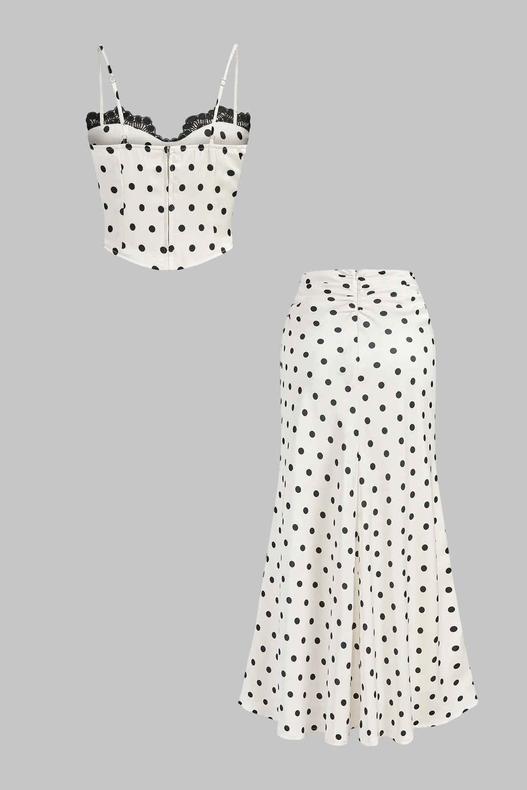 Polka Dots Print Satin Patchwork Lace Trim Cami Top And Ruched Skirt Set