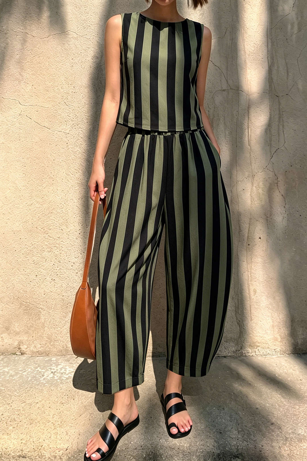 Rundhals-Tanktop mit Streifenprint und weit geschnittene Hose Set