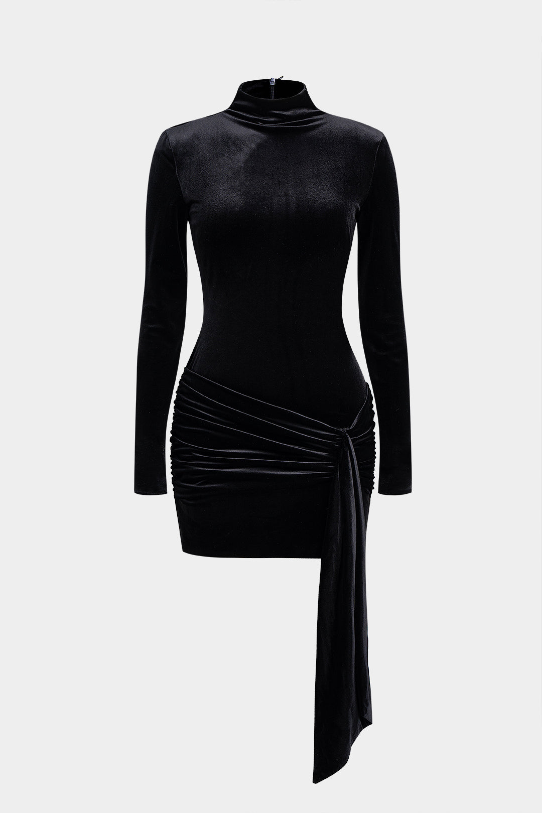 Mini-Samtkleid mit gerafftem Reißverschluss, langen Ärmeln und Stehkragen