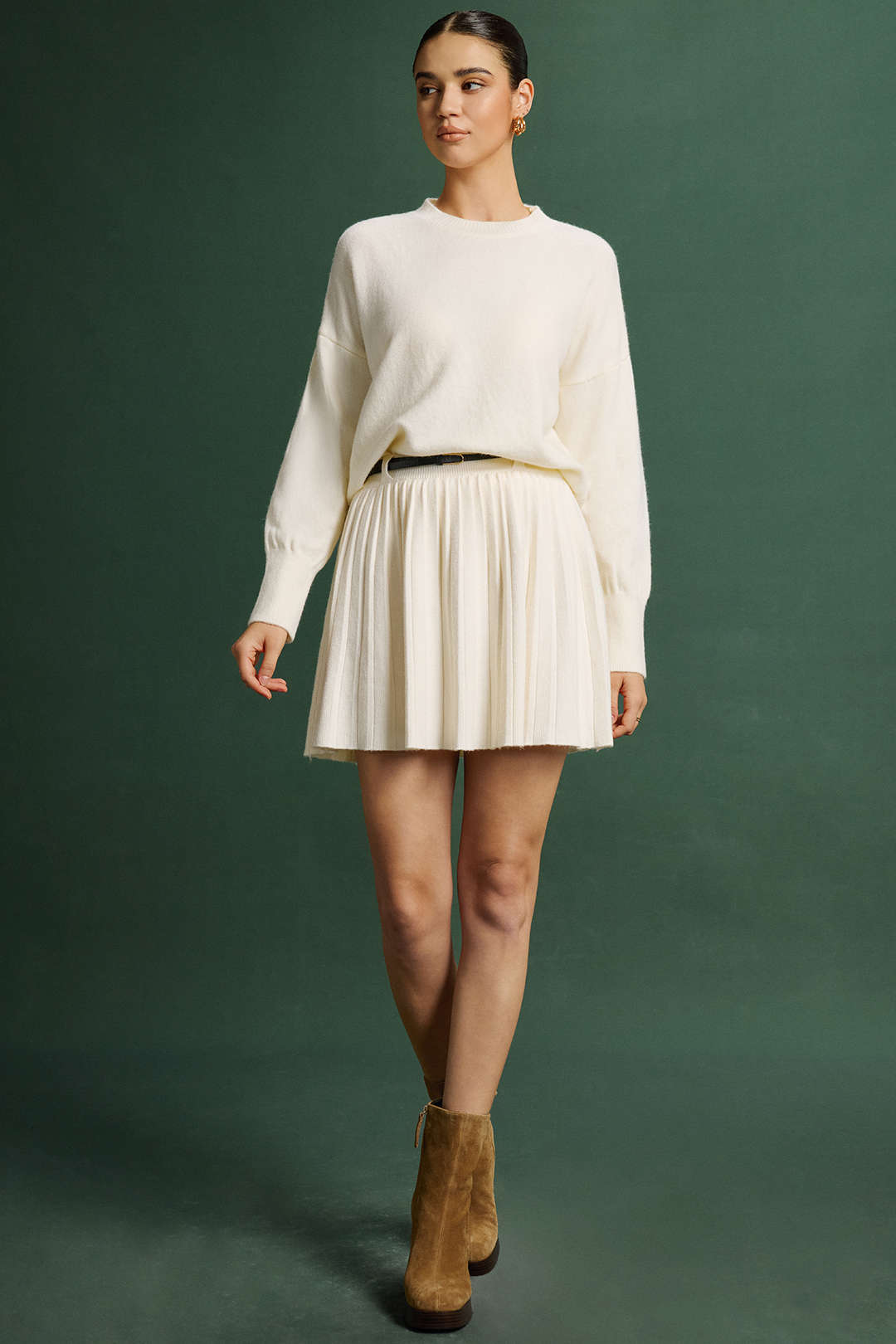 Knit Round Neck Long-Sleeve Top And Pleated Belted Skirt Set