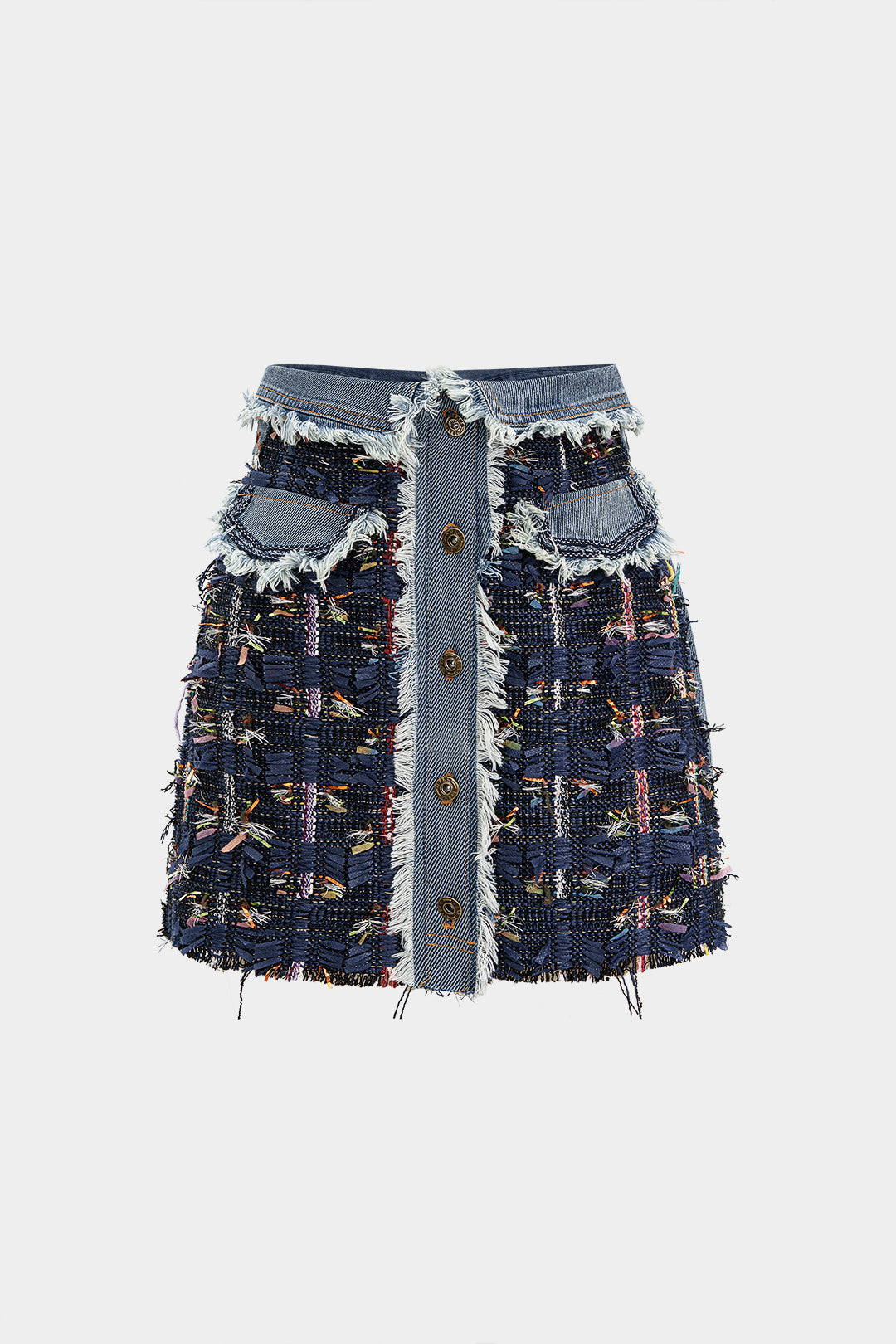 Minirock aus Denim-Jacquard mit Patchwork und ausgefranster Tasche