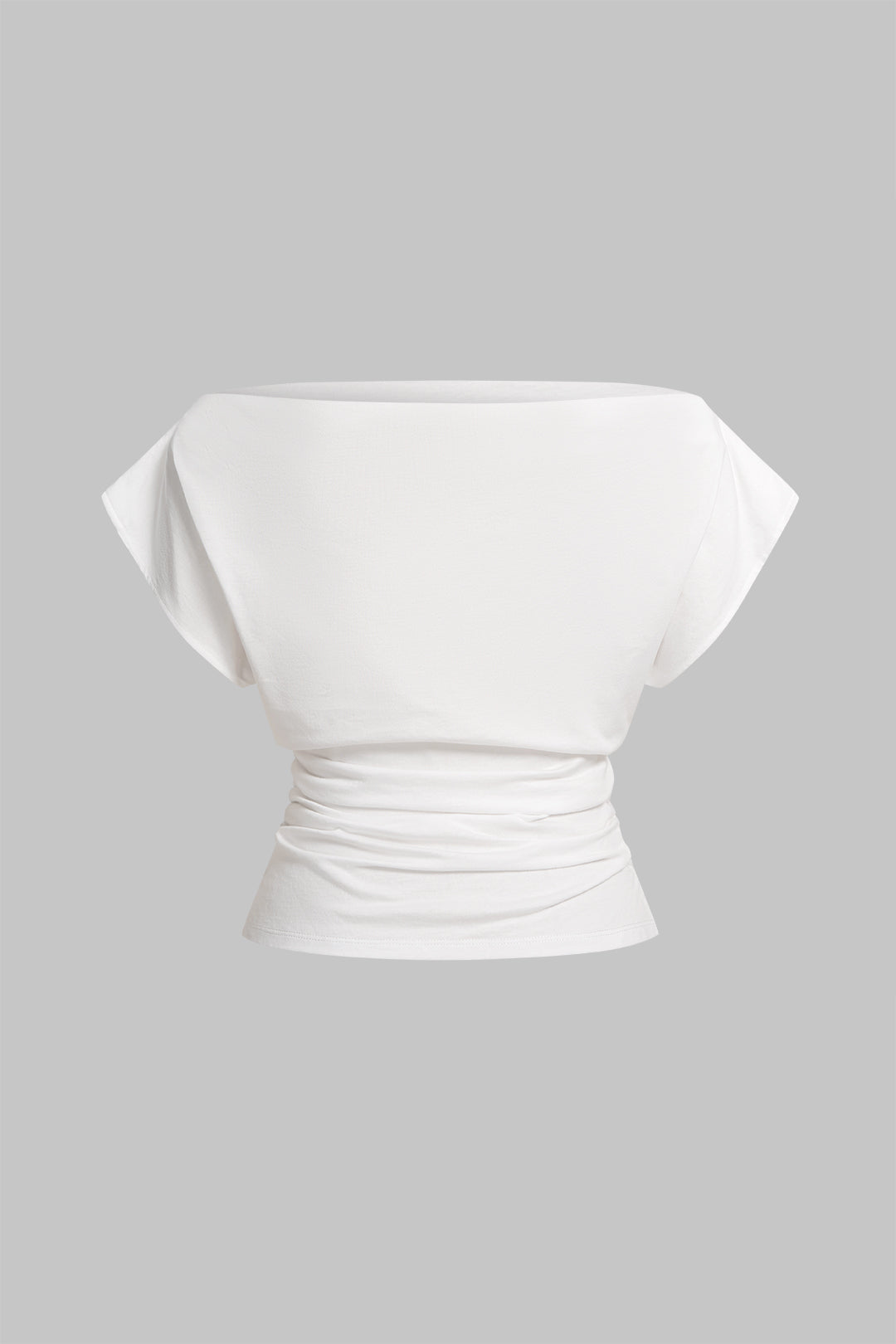 Einfarbiges, schulterfreies, gerafftes T-Shirt mit kurzen Ärmeln