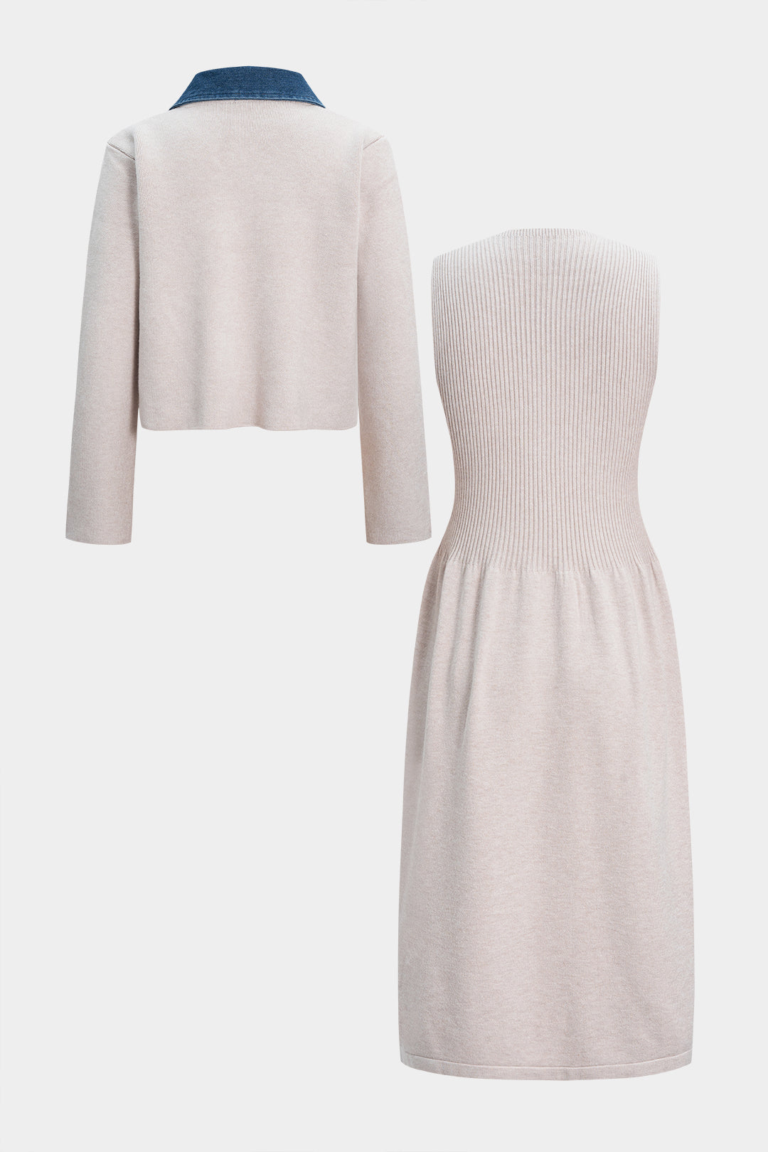 Knit Patchwork Button Cardigan And Ribbed Sleeveless Dress Set