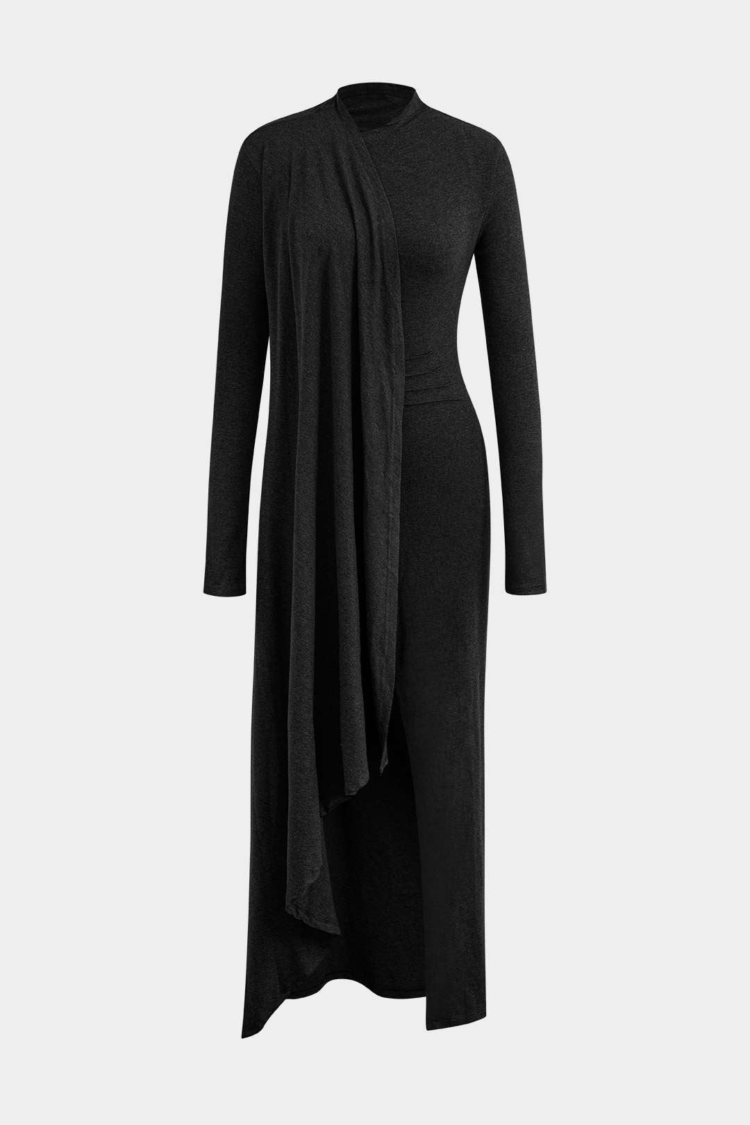 Robe longue fendue drapée à manches longues, col montant et effet portefeuille