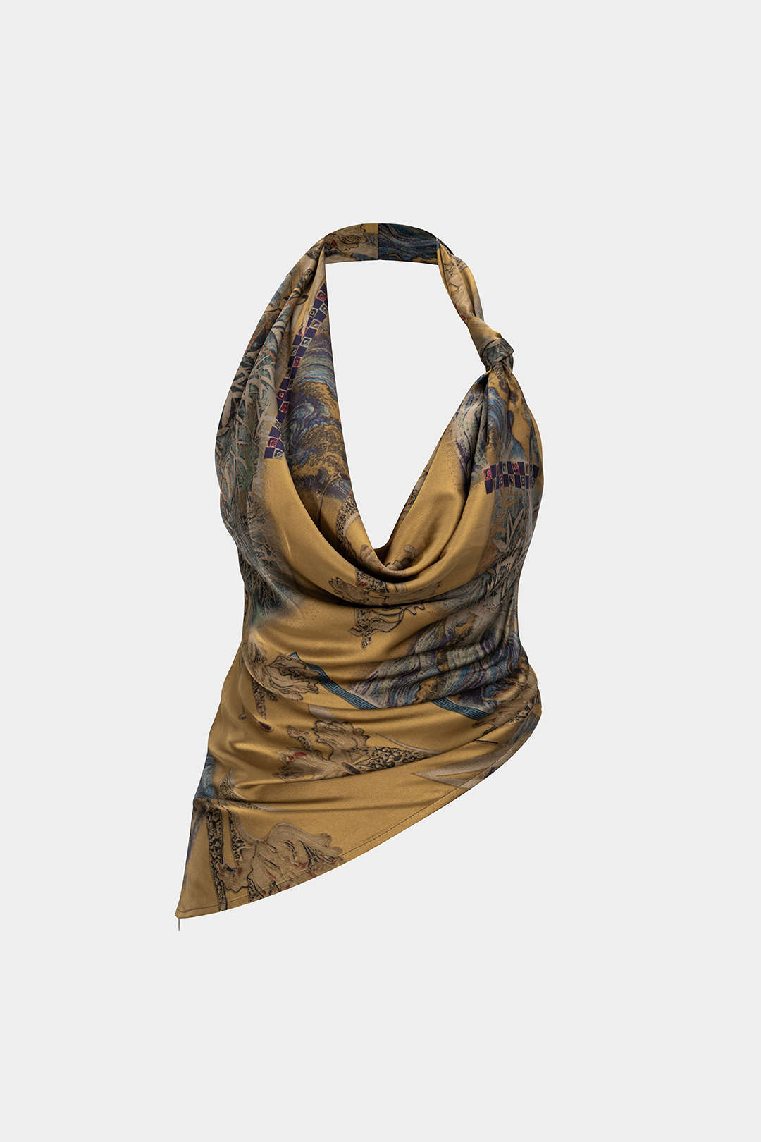 Retro Print Satin Halter Neck Draped Cowl Neck Cami Top