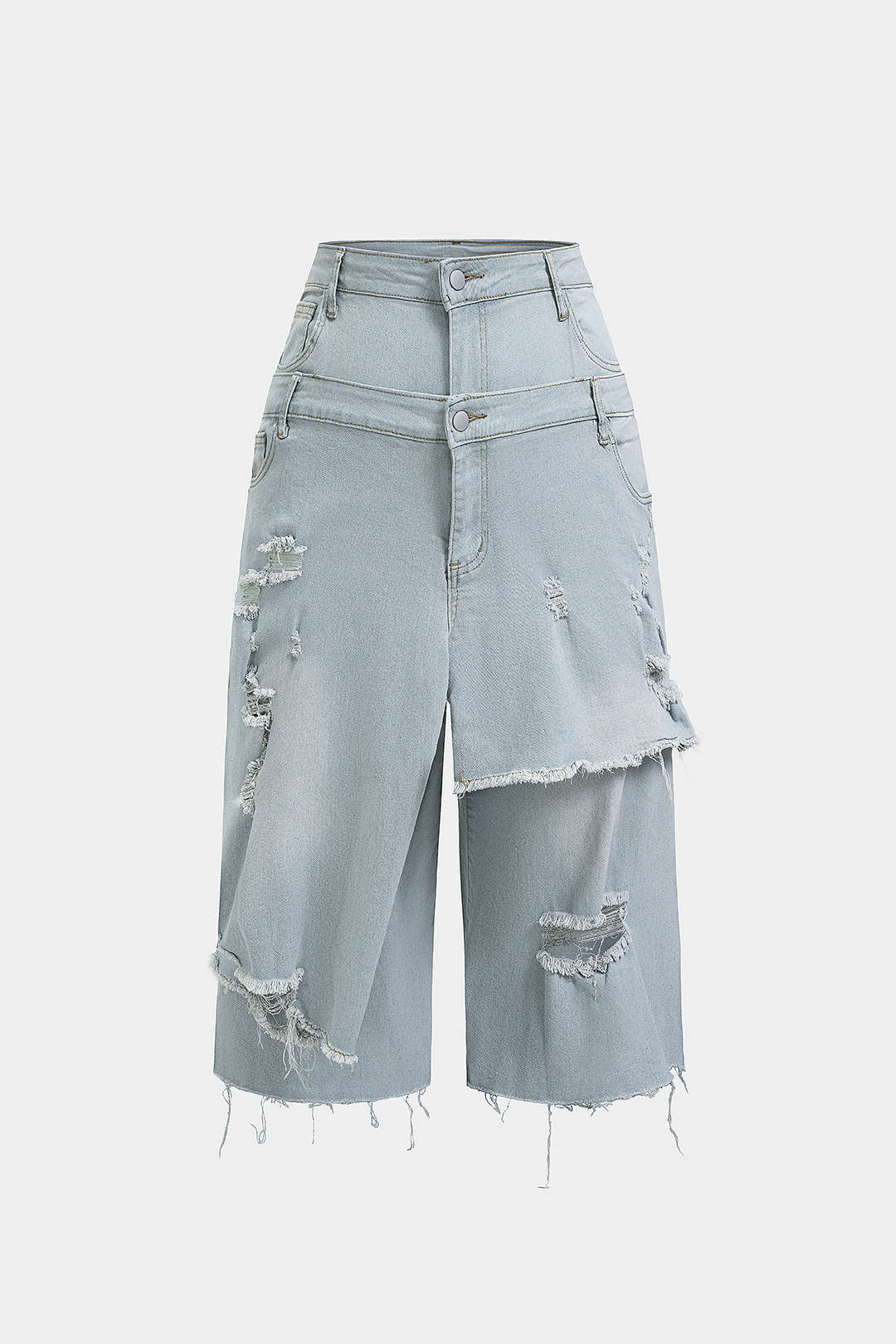 Jeans-Shorts mit doppeltem Bund, asymmetrischem Schnitt und ausgefransten Details