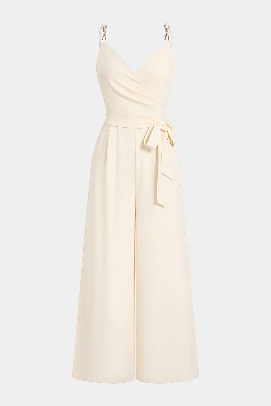Ärmelloser Jumpsuit mit überkreuztem V-Ausschnitt, Wickeldetail und Metallic-Kette