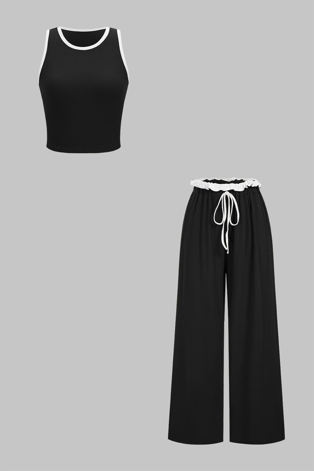 Contrast Round Neck Tank Top And Scallop Edge Drawstring Pants Sets