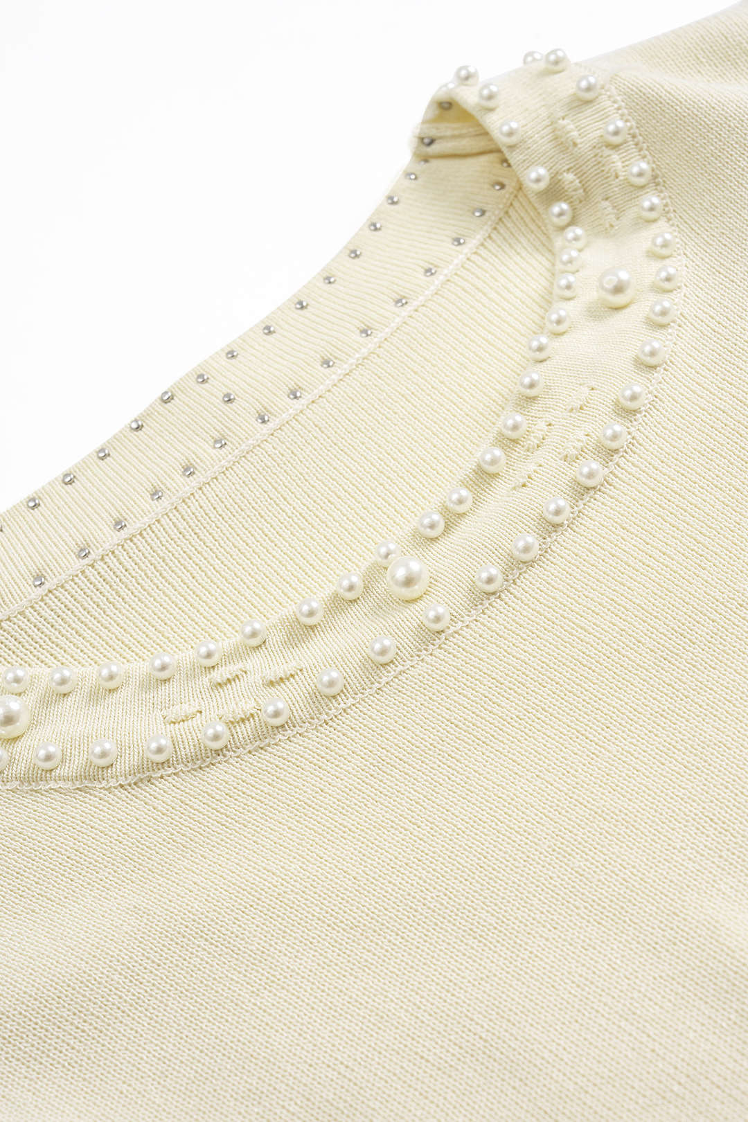 Knit Round Neck Hollow Out Pearls Decor Sleeveless Dress