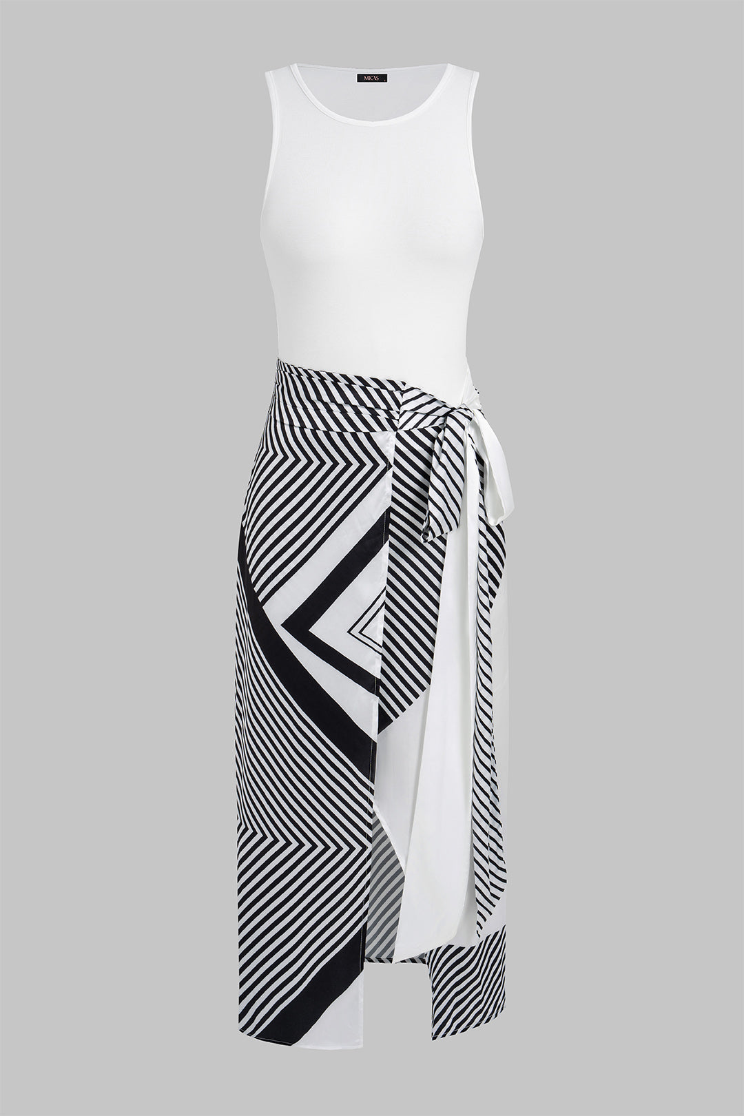 Midi-Kleid mit geometrischem Muster, Rundhalsausschnitt, asymmetrischer Bindung und ärmellosem Design