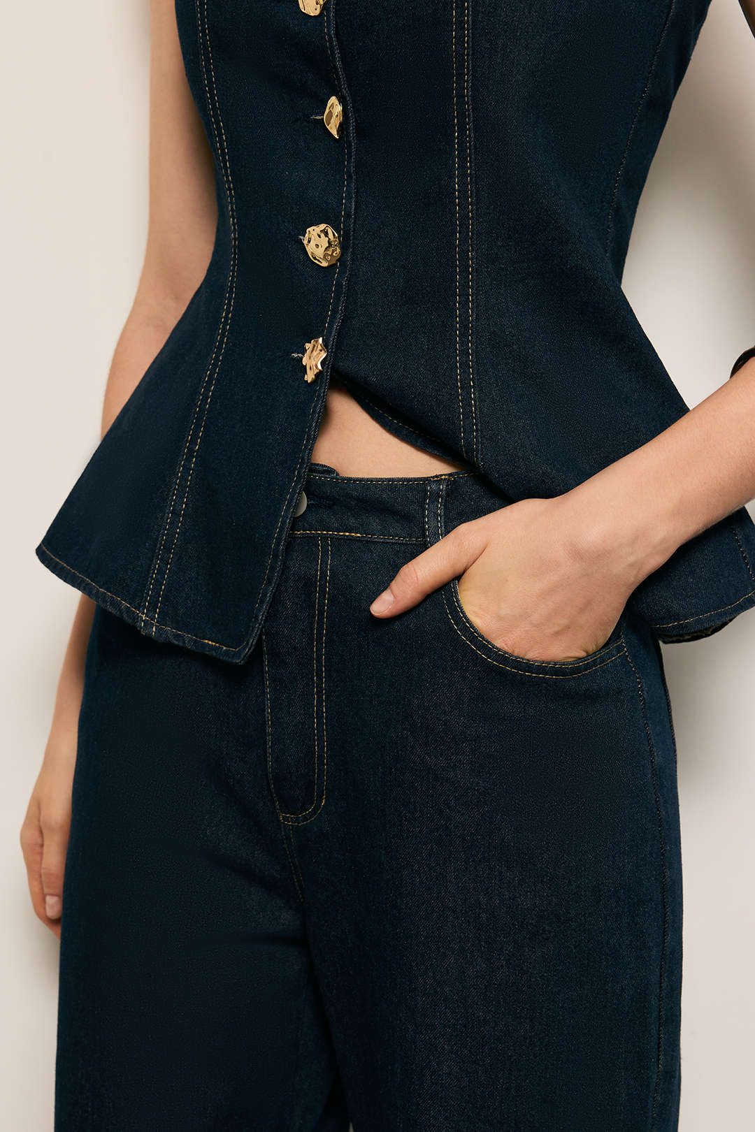 Denim Metallic Button Tank Top And Straight Leg Jeans Set