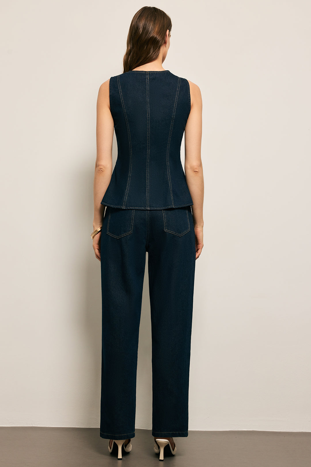 Denim Metallic Button Tank Top And Straight Leg Jeans Set