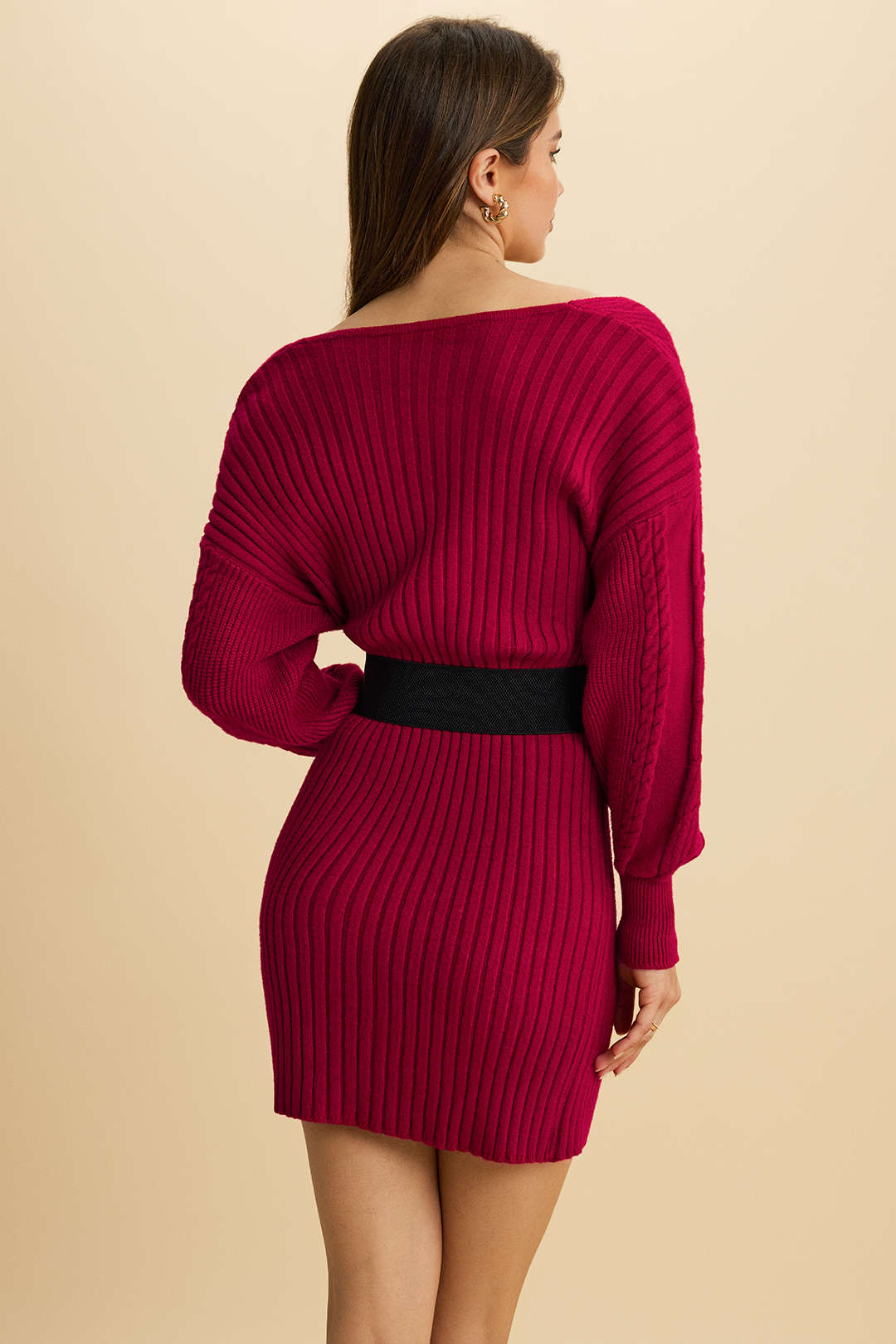 Cable Knit Crossed V-Neck Long Sleeve Dress