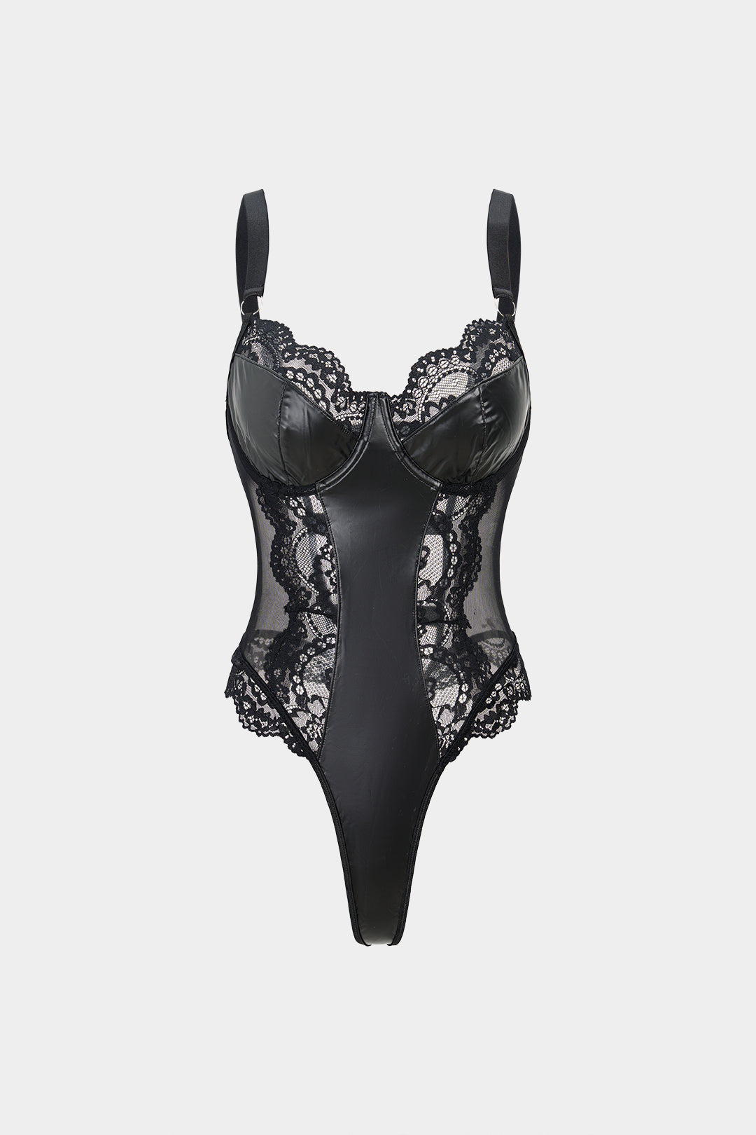 Body Léger sans Manches Moulant en Faux Cuir, Maille et Dentelle Patchwork