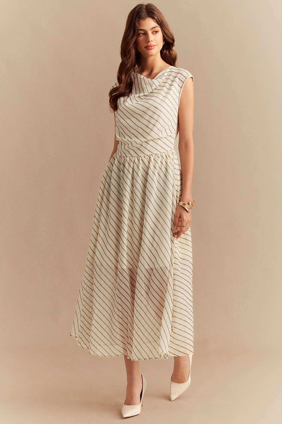 Stripes Print Chiffon Draped Cowl Neck Sleeveless Maxi Dress