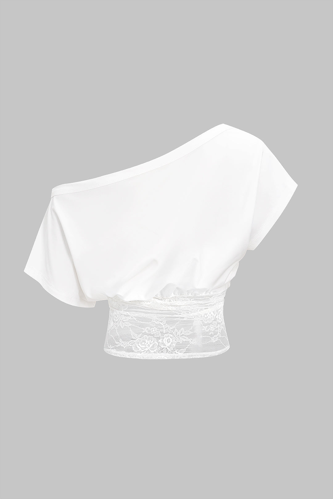 T-shirt asymétrique ruché à manches courtes avec empiècements en dentelle