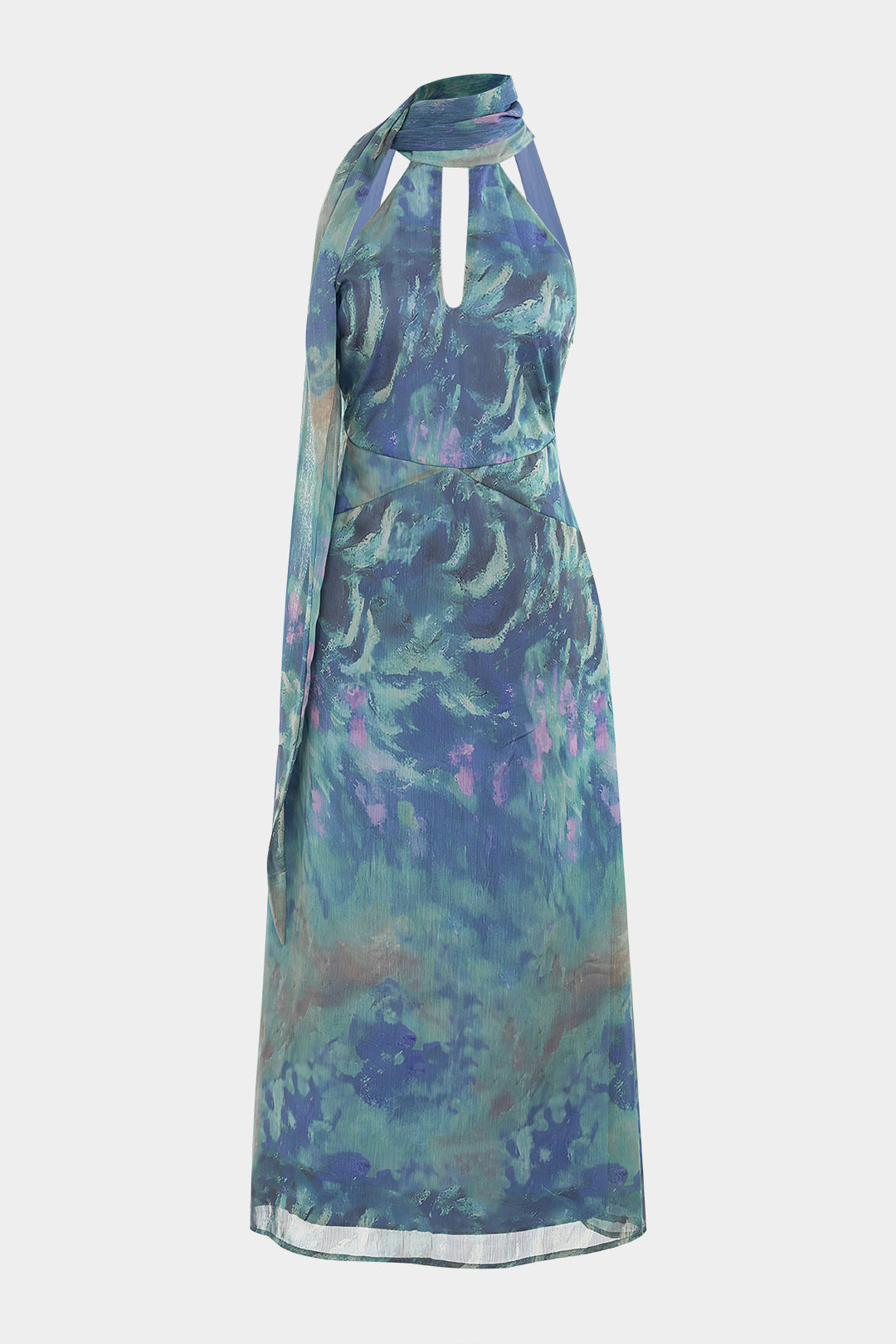 Batik-Netz-Neckholder-Maxikleid mit Cut-Outs, ärmellos und Schal