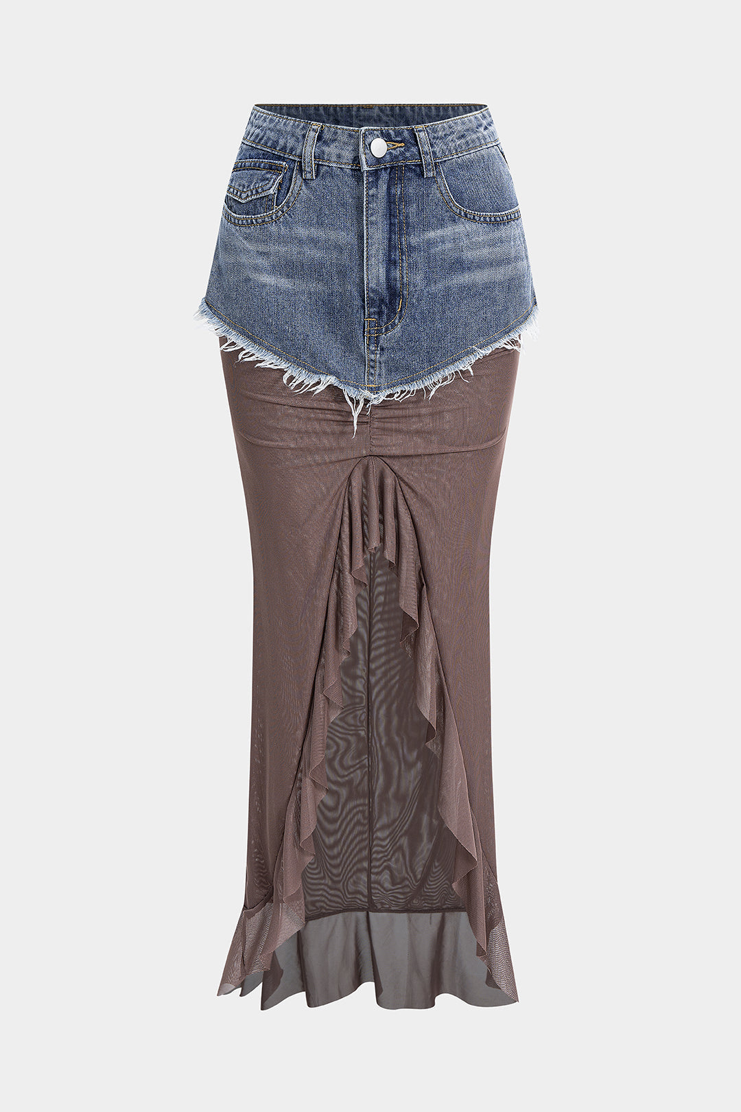 Denim Mesh Patchwork Frayed Ruched Ruffle Slit Skirt