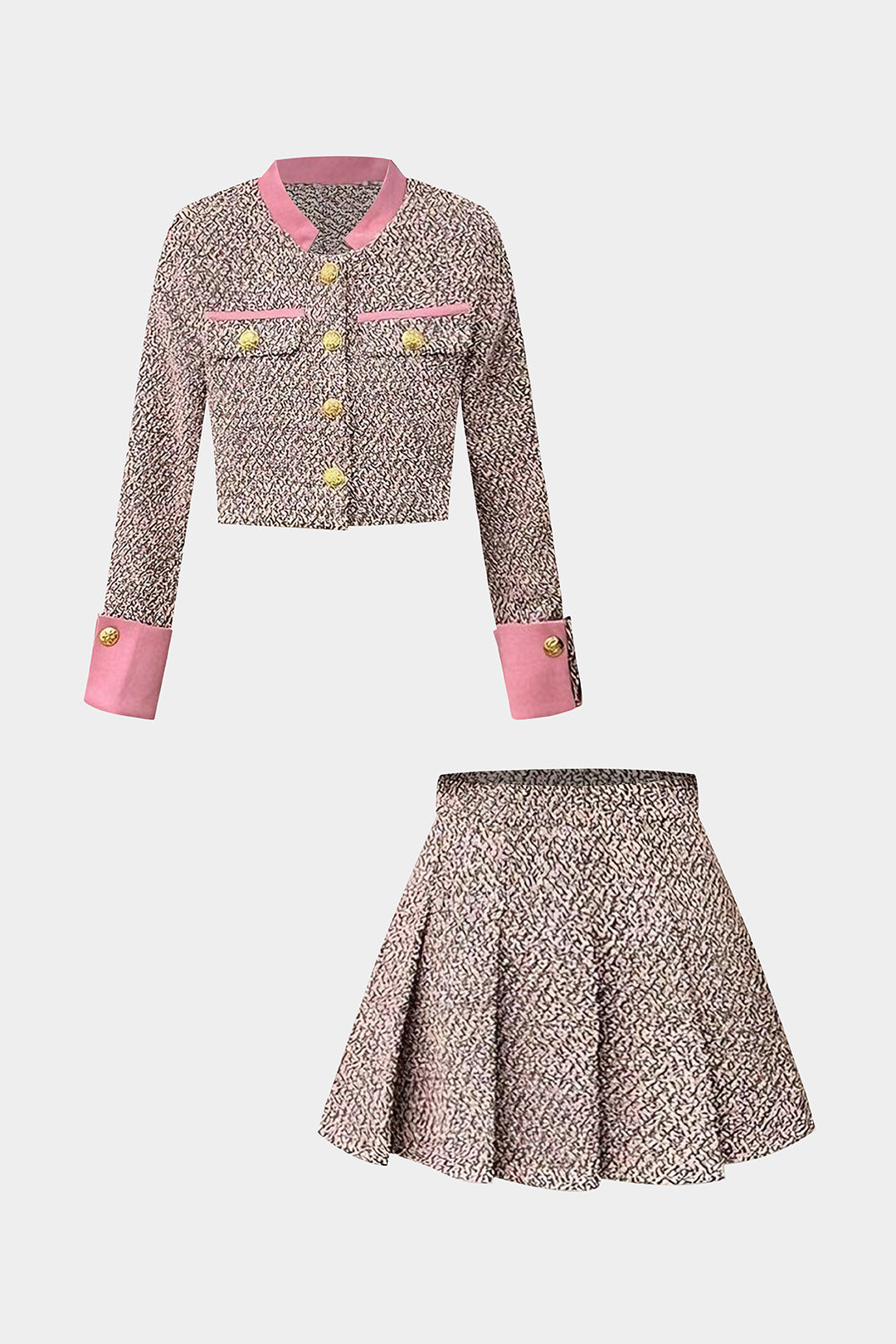 Tweed Patchwork Button Pockets Jacket And Pleated Mini Skirt Set