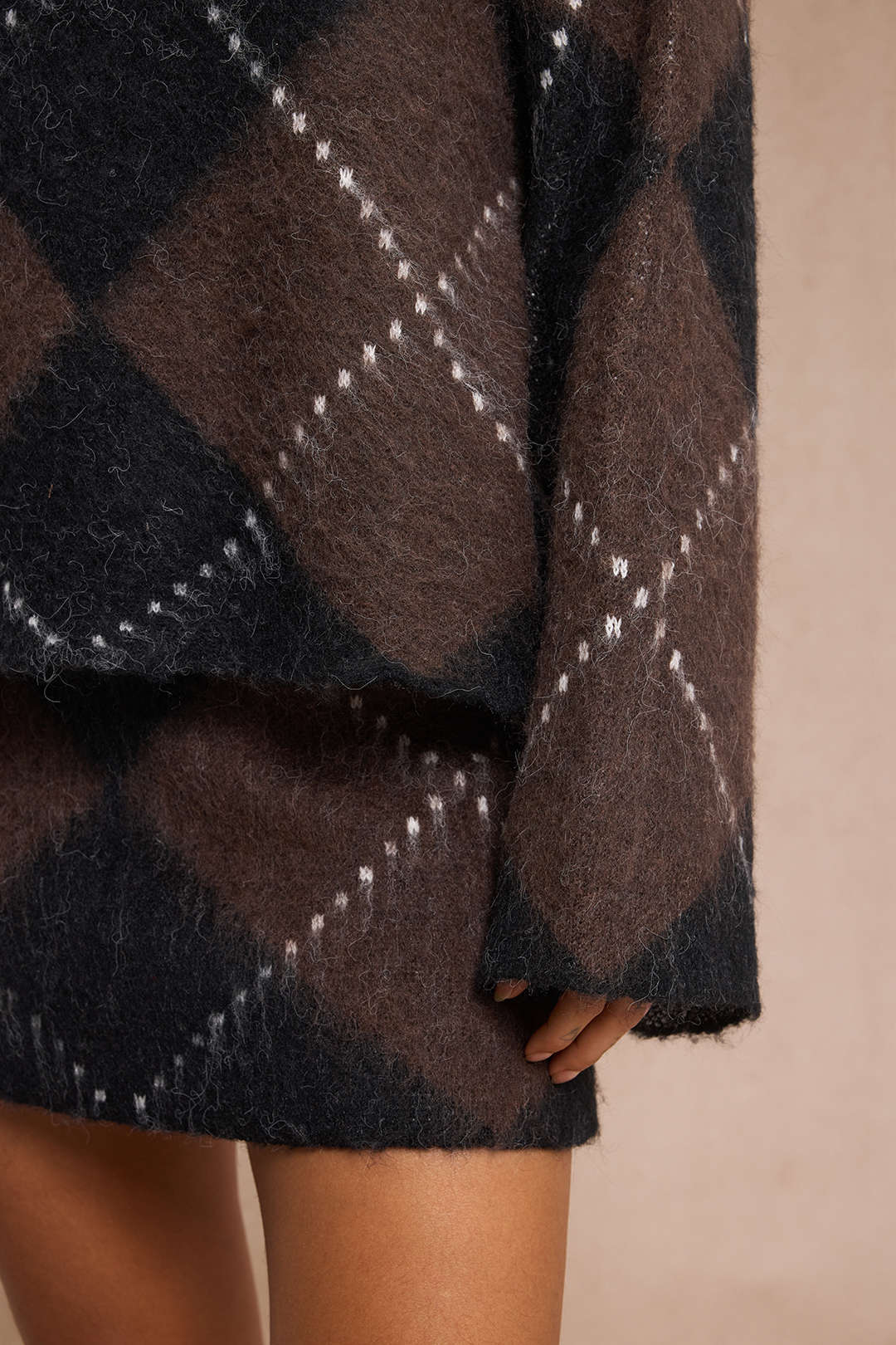 Knit Argyle Print High Neck Long-Sleeve Top